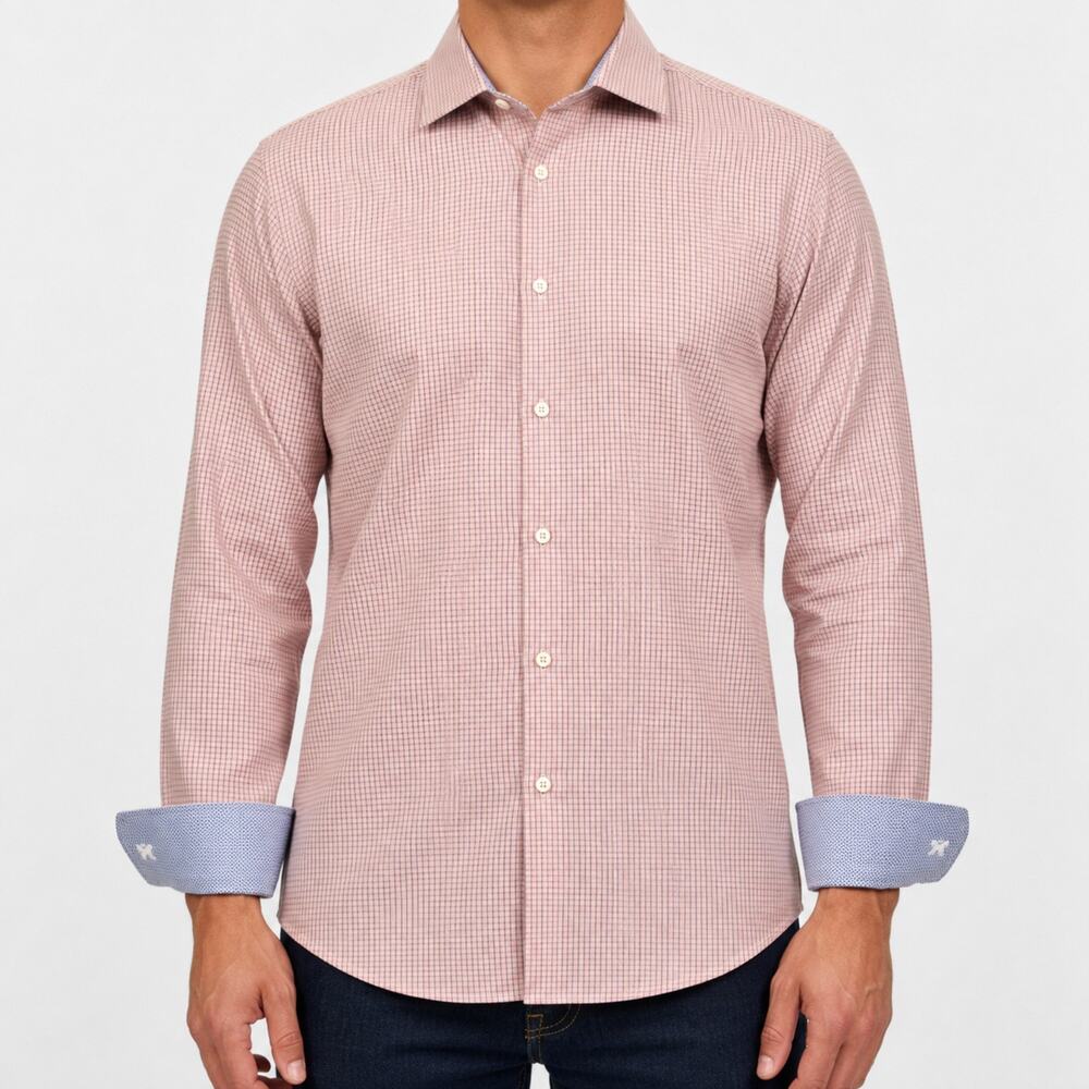 Bugatchi Uomo Dress Shirt Mens 17 34/35 Pink Blue Check Button Up Contrast Cuff